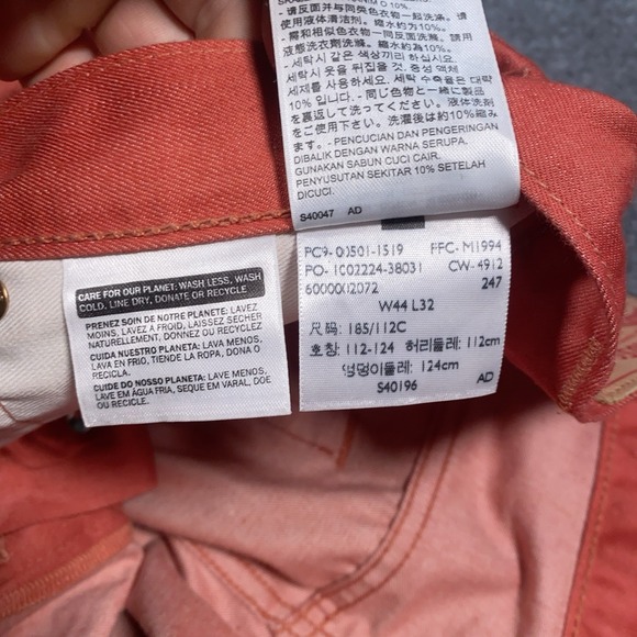 Levi's 501 Jeans Mens 44x32 Red/Orange Denim Cotton Straight Button Fly Workwear - Picture 14 of 15